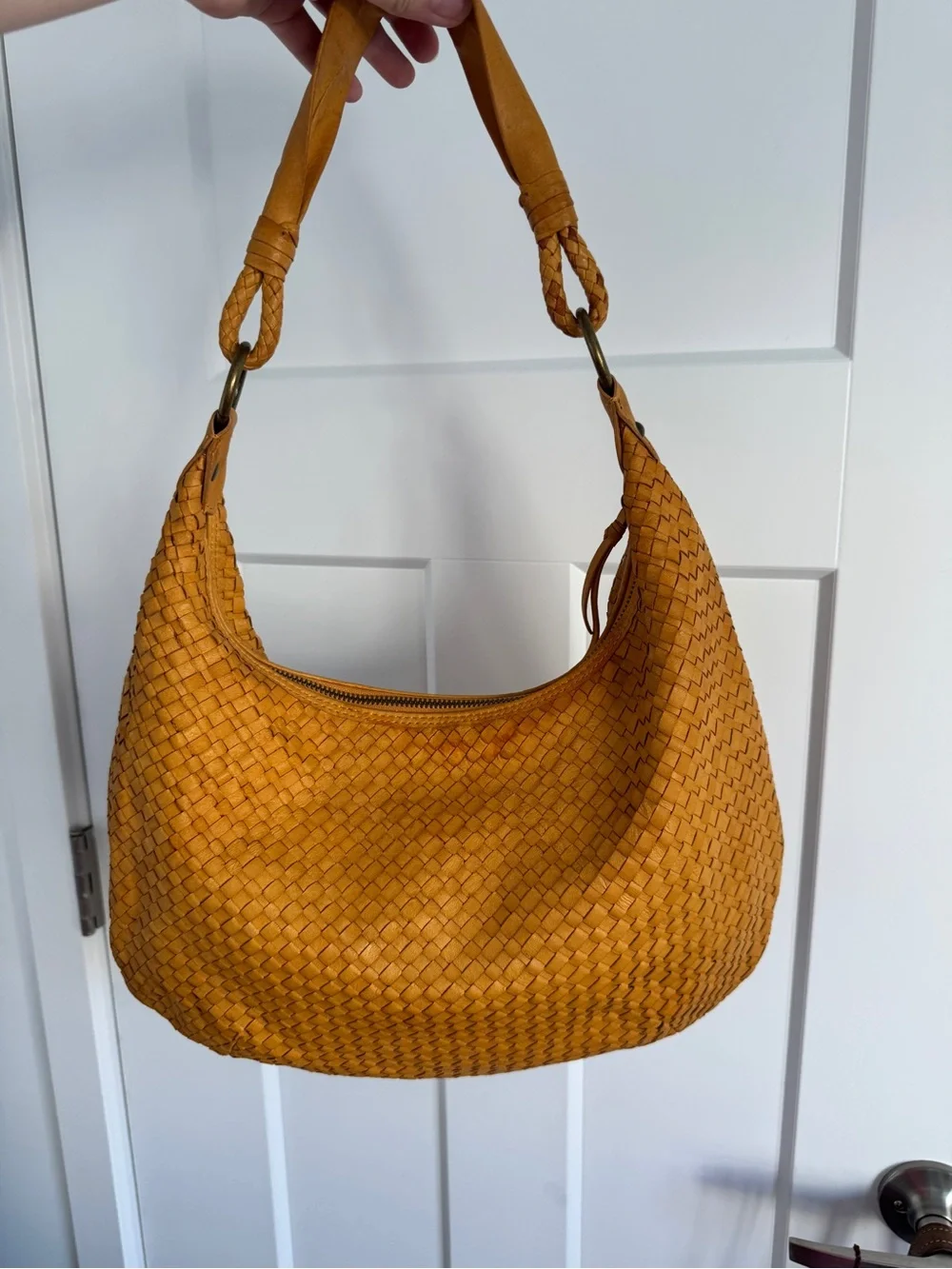 Elliott Lucca Woven Leather Hobo Shoulder Bag Mustard Cognac Large Tote